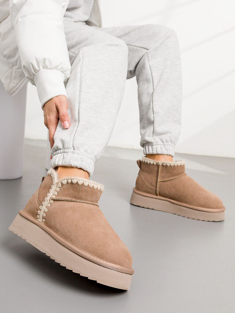 Beige Suede Ankle Boots with Textured Trim
