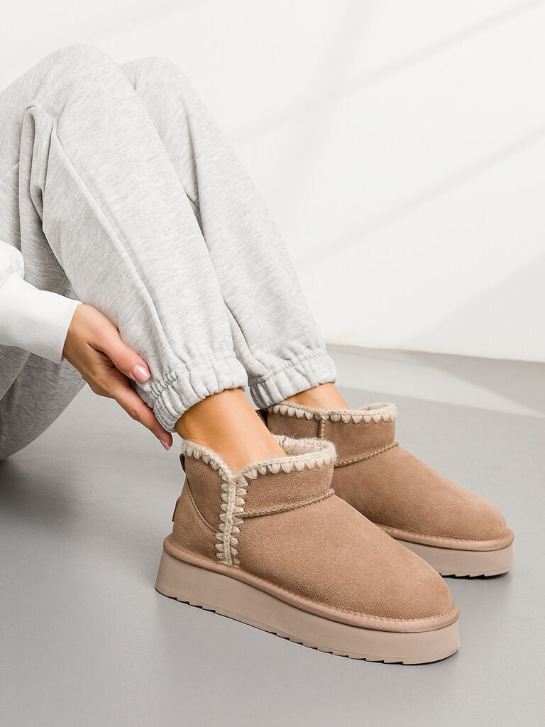 Beige Suede Ankle Boots with Textured Trim