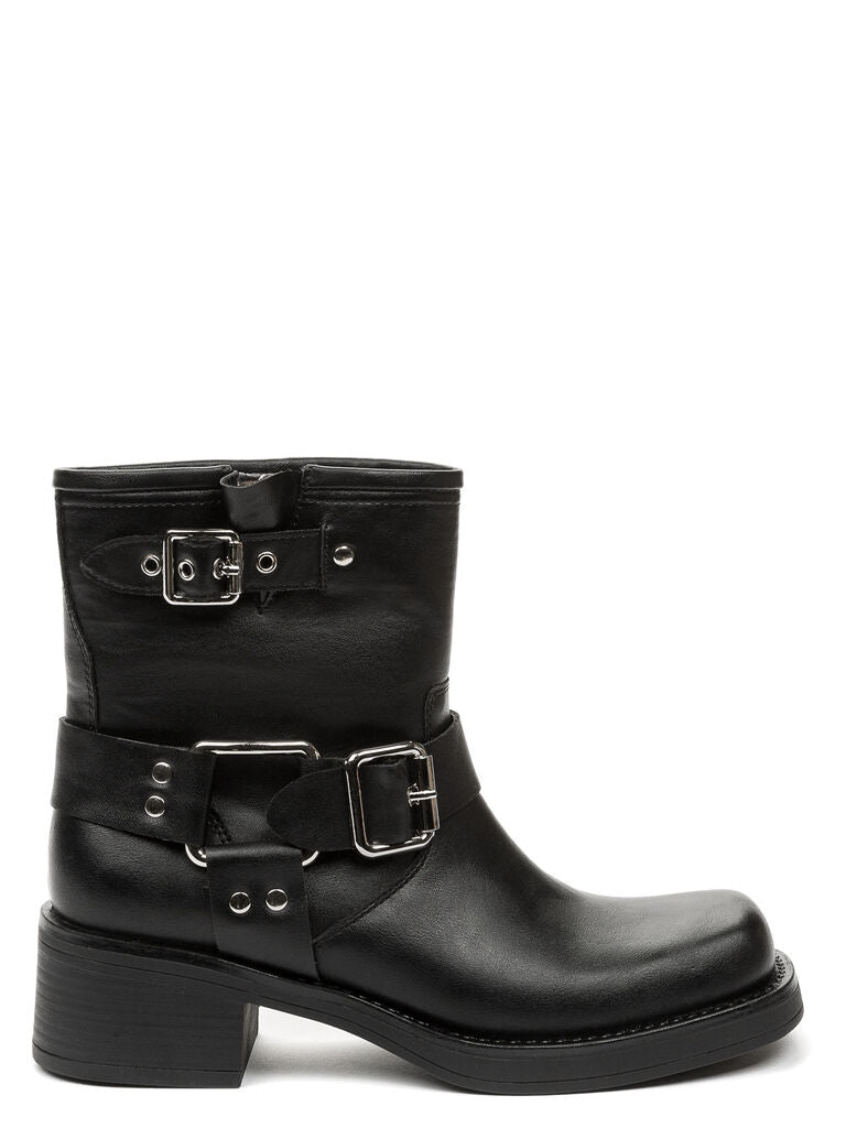 Black Leather Ankle Boots with Buckle Accents