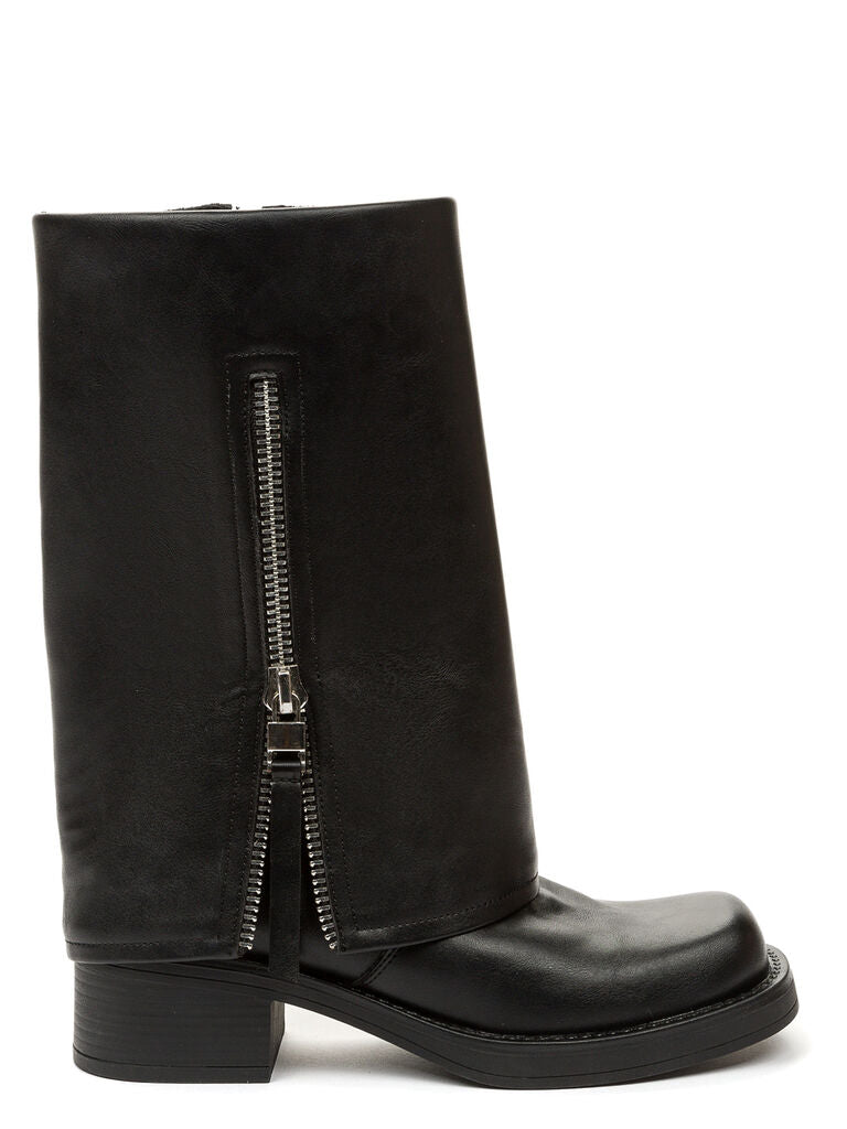 Black Textured Leather Mid-Calf Boots with Zipper Detail