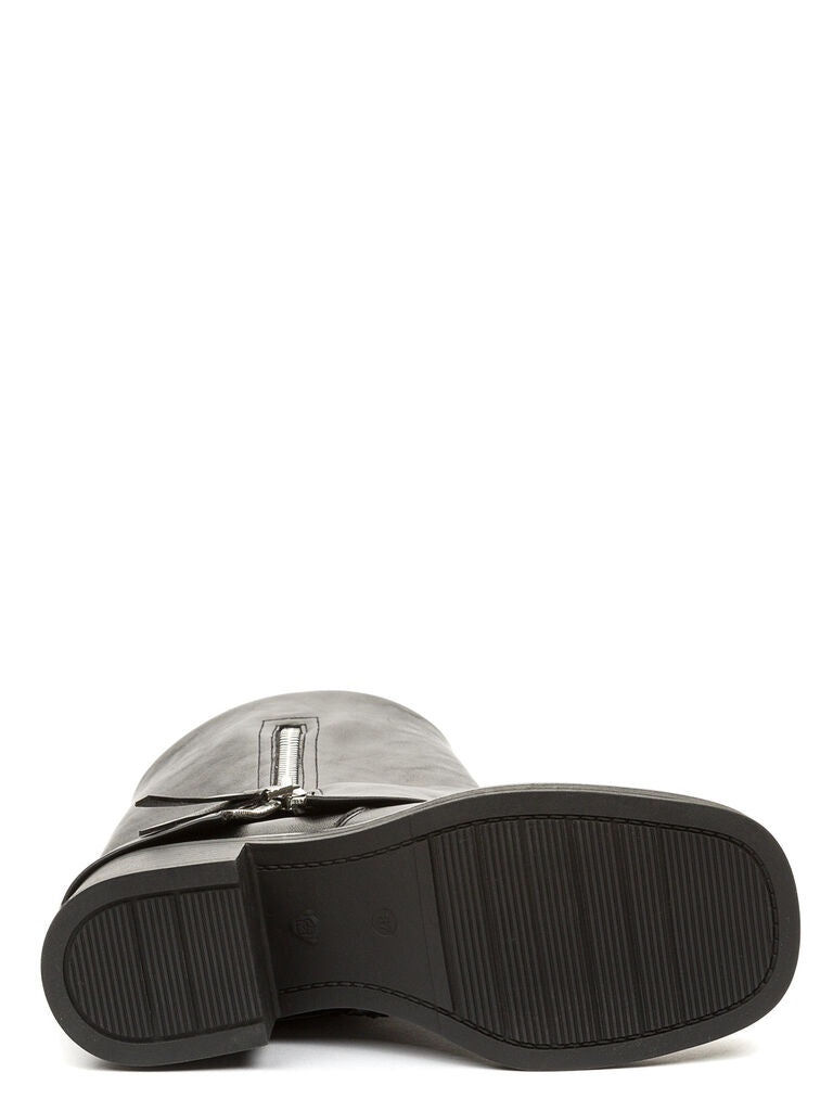 Black Textured Leather Mid-Calf Boots with Zipper Detail
