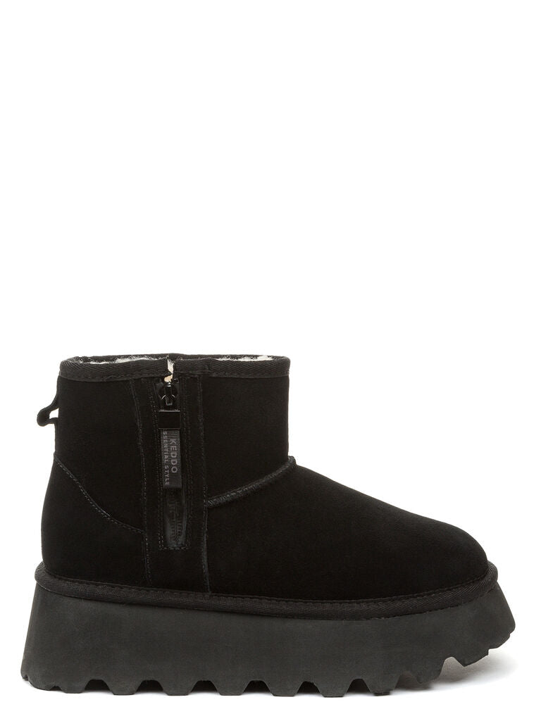 Black Suede Platform Ankle Boot with Shearling Lining