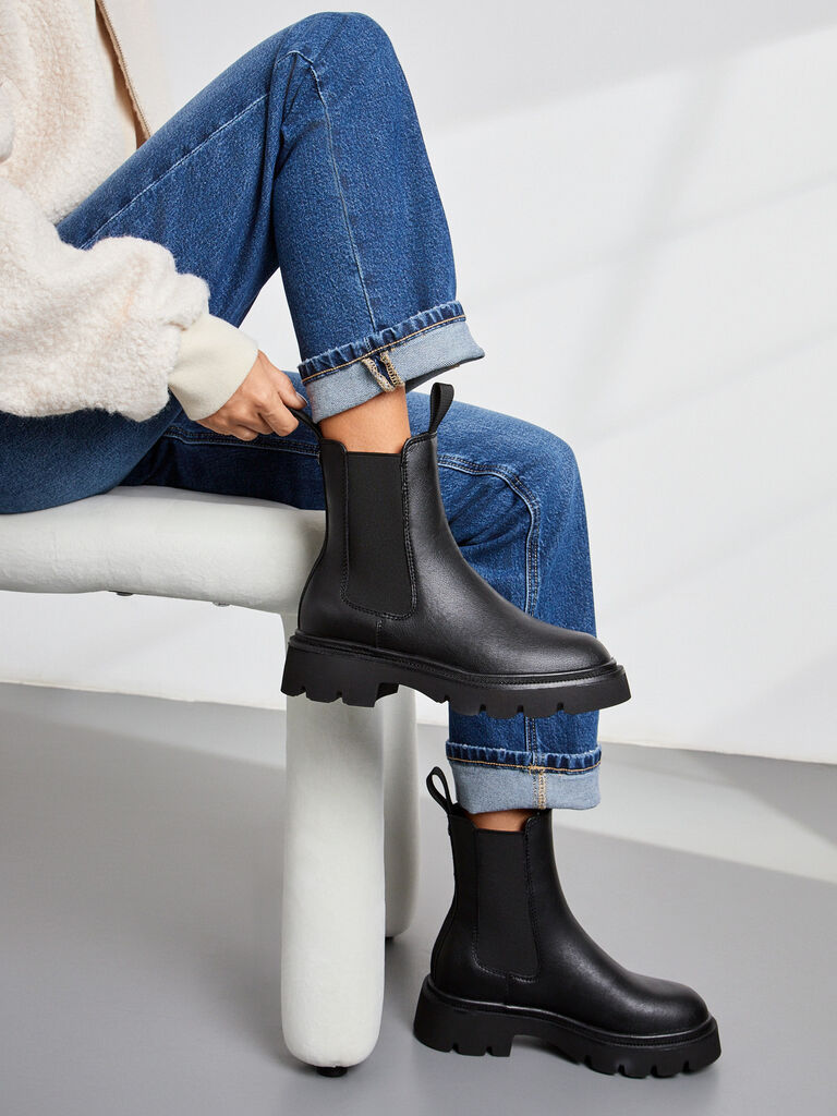 Black Textured Leather Chelsea Boot with Chunky Sole