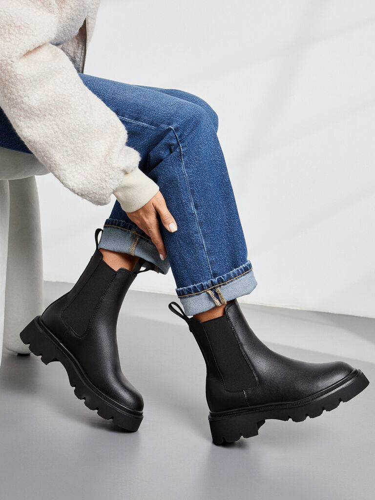 Black Textured Leather Chelsea Boot with Chunky Sole