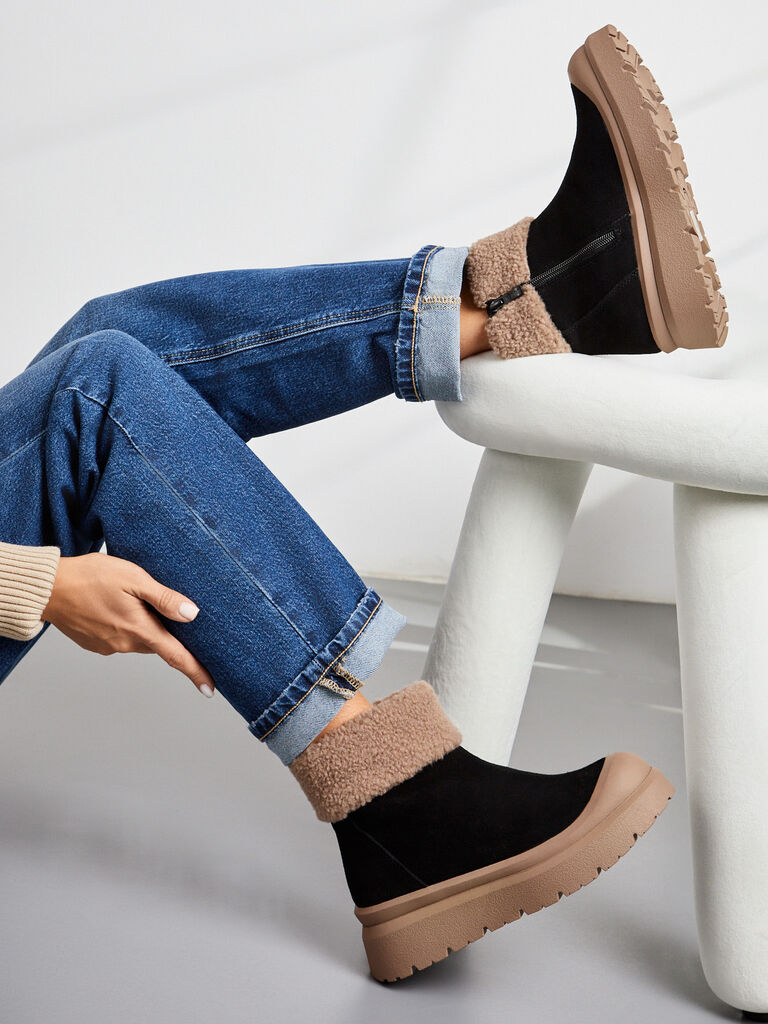 Black Suede Ankle Boot with Shearling Cuff