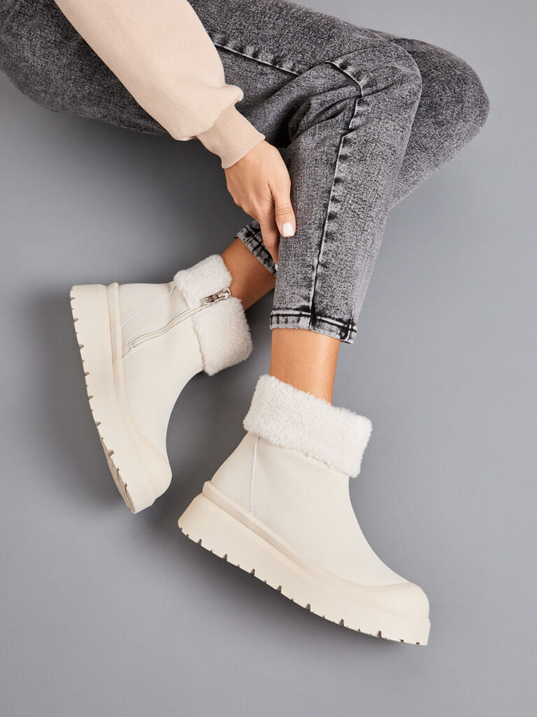 Cream Faux Shearling Ankle Boots with Fold-Over Cuff