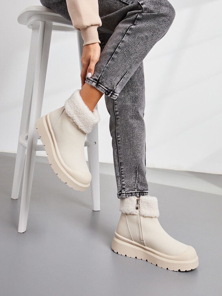 Cream Faux Shearling Ankle Boots with Fold-Over Cuff