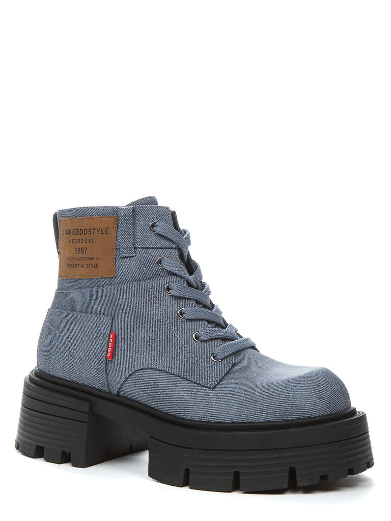 Blue Denim Lace-Up Ankle Boot with Chunky Sole
