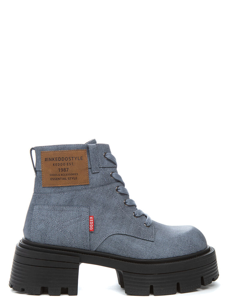 Blue Denim Lace-Up Ankle Boot with Chunky Sole