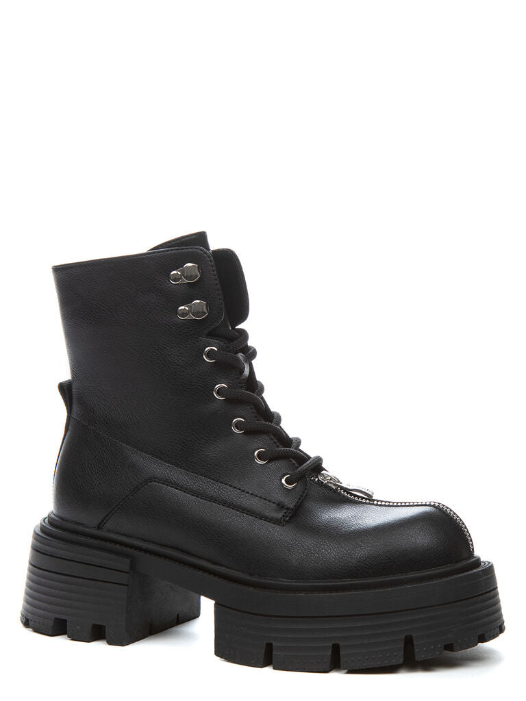 Black Leather Platform Boot with Lace-Up Closure