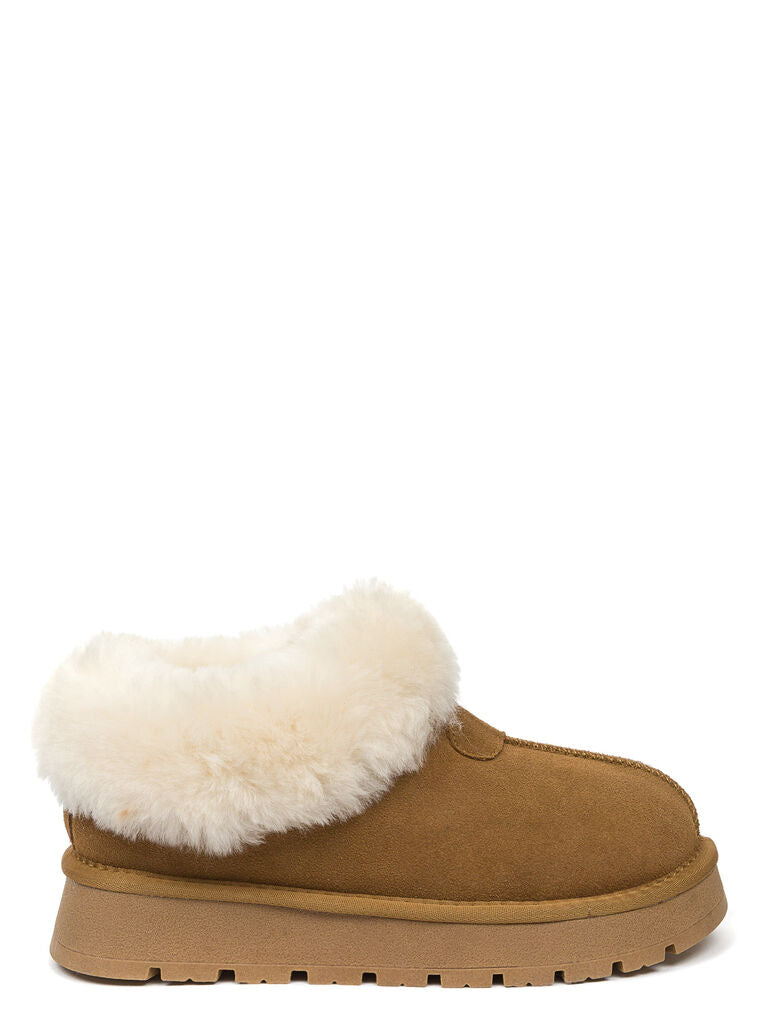 Brown Shearling Lined Suede Slippers