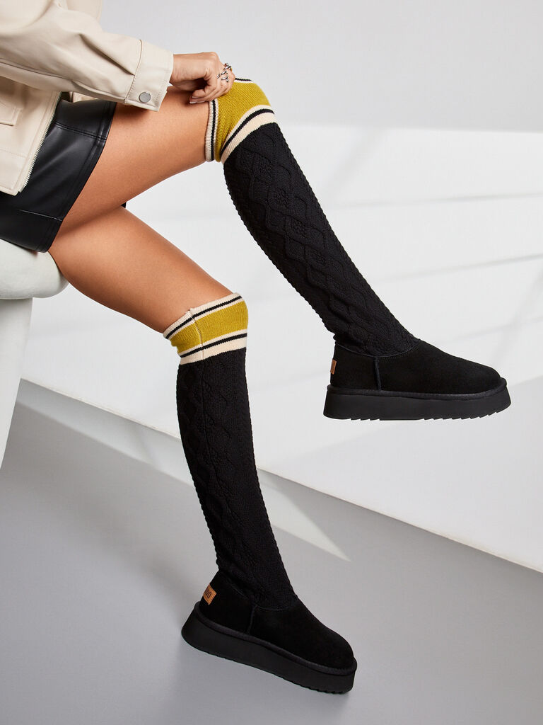 Black Cable Knit High-Top Boots with Contrast Cuff