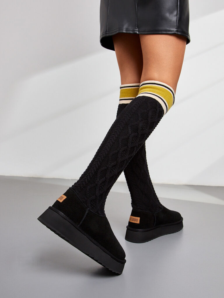 Black Cable Knit High-Top Boots with Contrast Cuff