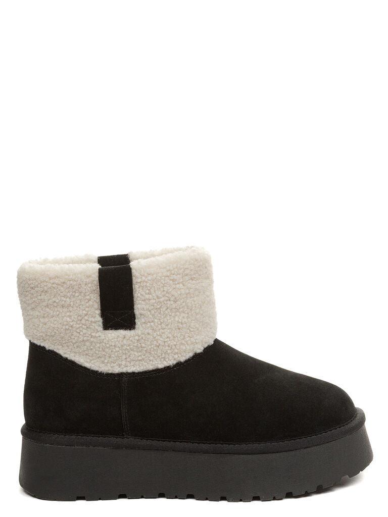 Black Suede Platform Boot with Shearling Cuff