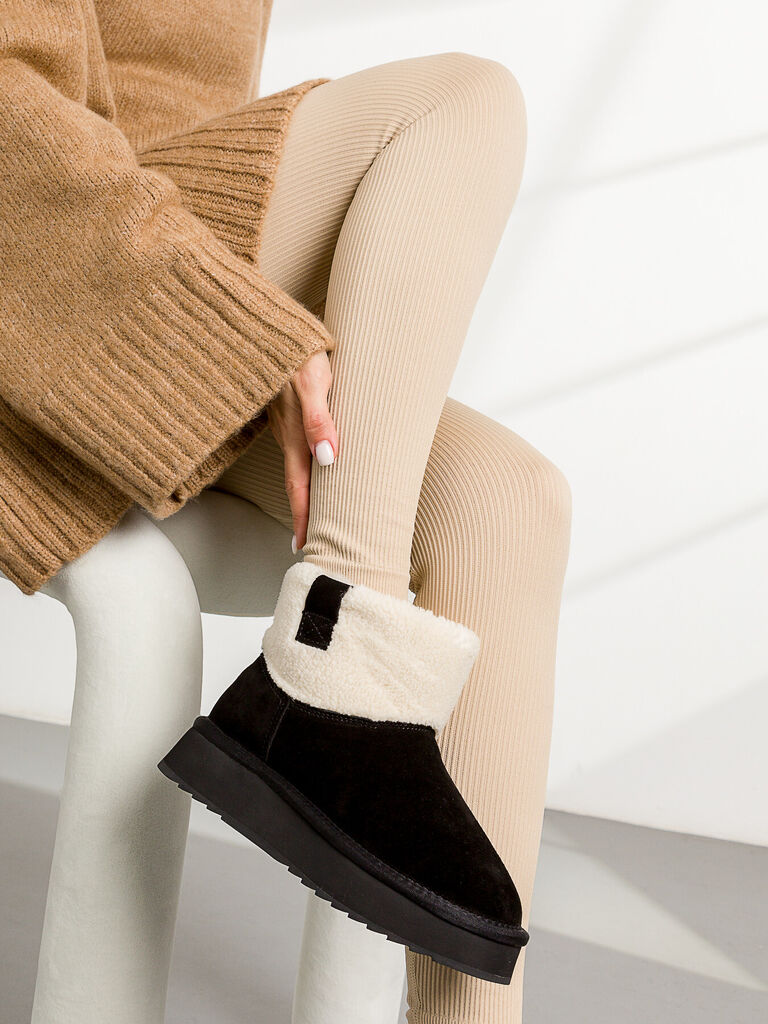 Black Suede Platform Boot with Shearling Cuff