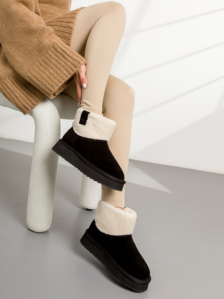 Black Suede Platform Boot with Shearling Cuff