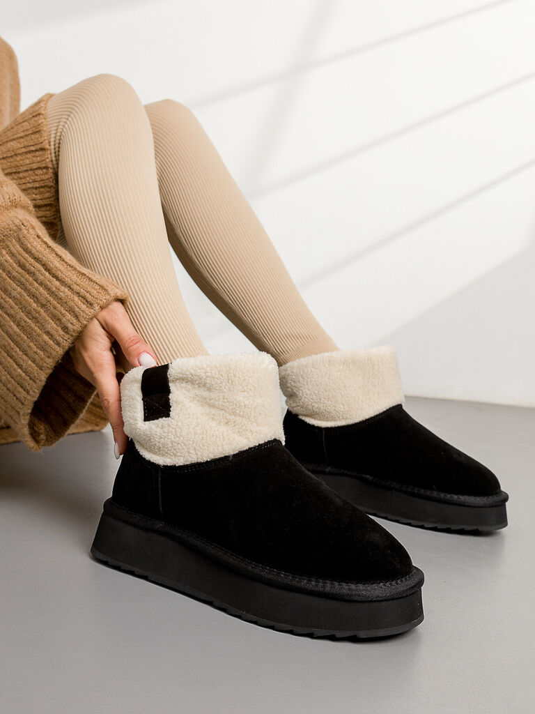 Black Suede Platform Boot with Shearling Cuff