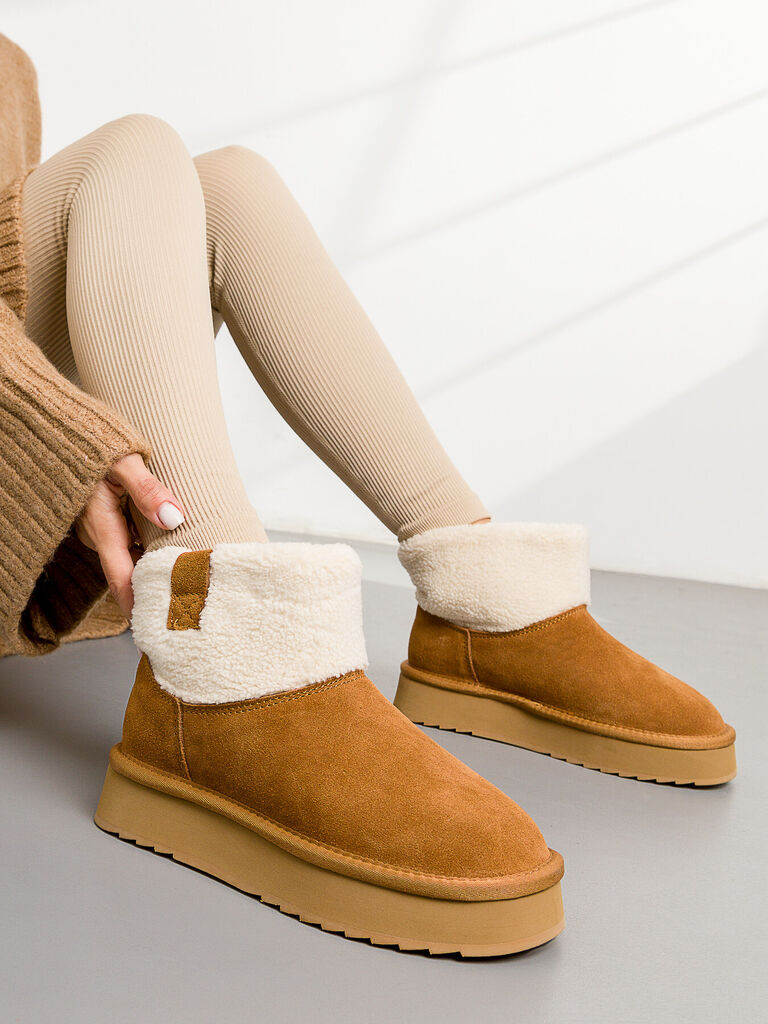 Chestnut Suede Ankle Boots with Shearling Collar