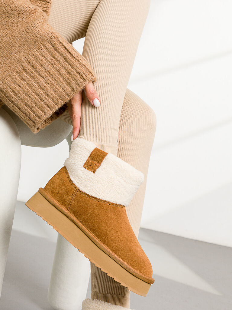 Chestnut Suede Ankle Boots with Shearling Collar