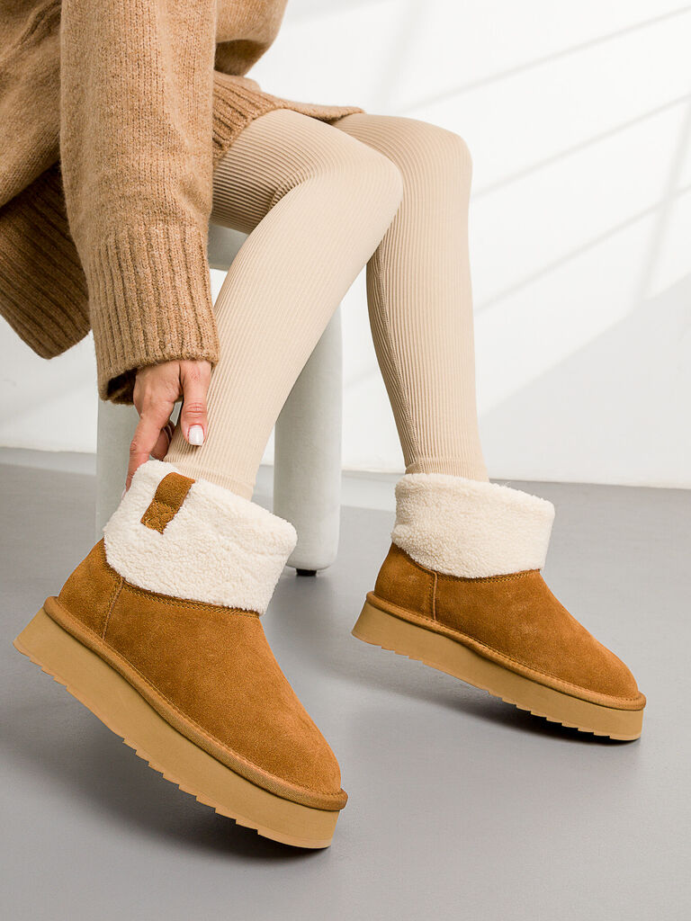 Chestnut Suede Ankle Boots with Shearling Collar
