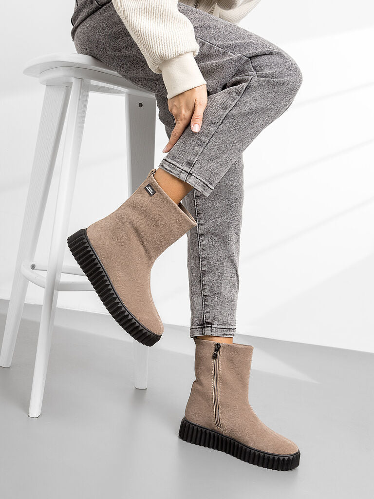 Beige Textured Boots with Side Zipper