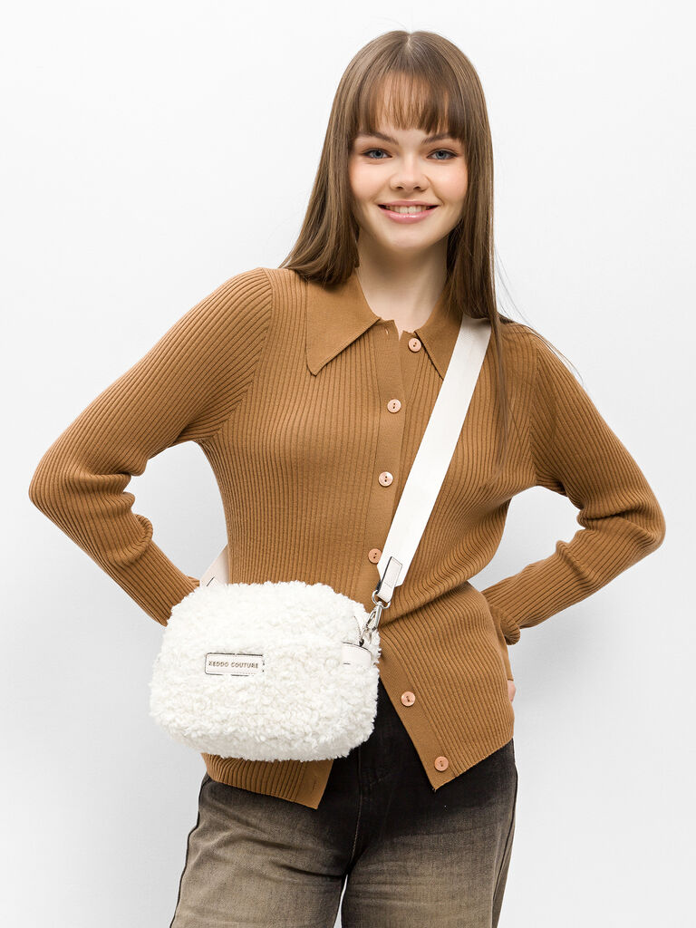 White Fuzzy Crossbody Bag with Adjustable Strap