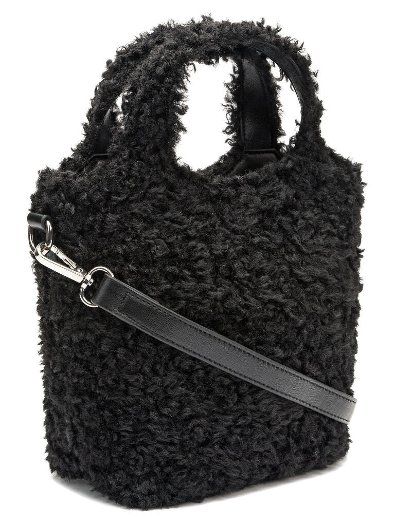 Black Faux Fur Mini Tote Bag with Detachable Strap