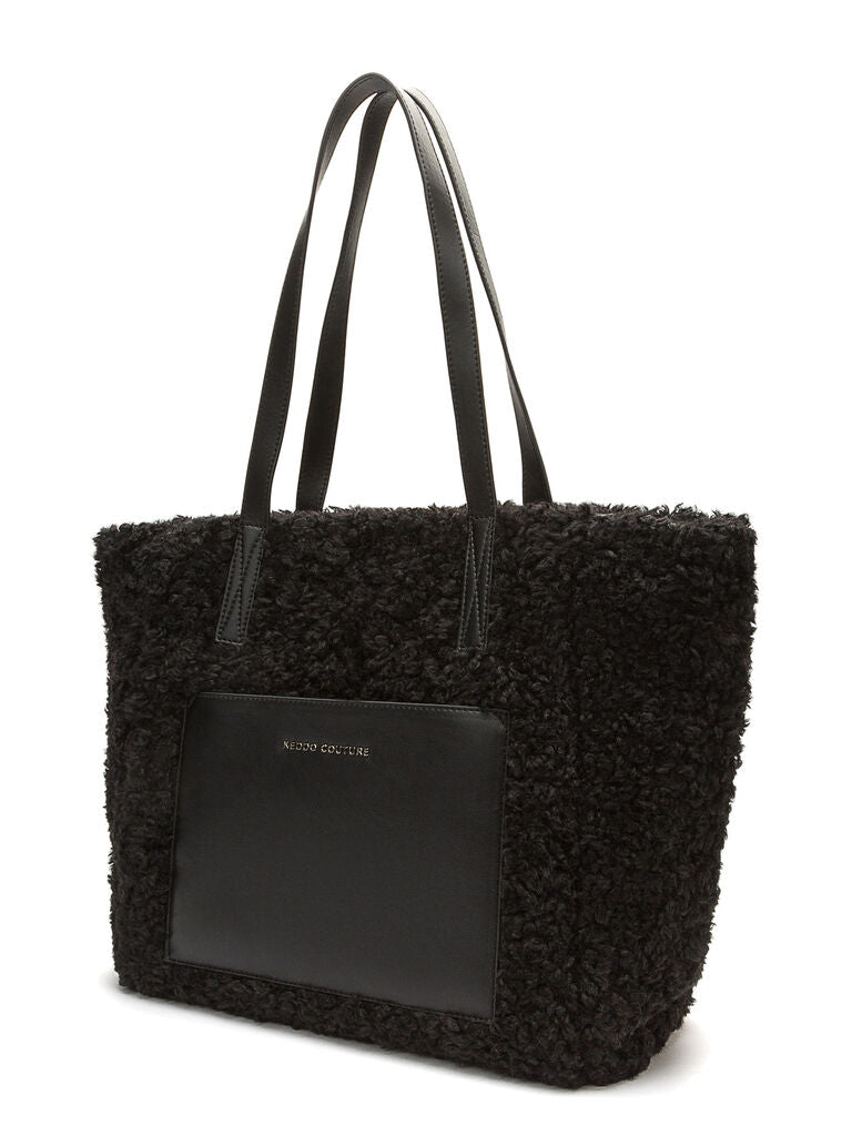 Black Textured Shoulder Tote with Leather Pocket