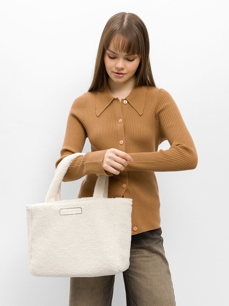 Cream Textured Tote with Plush Design