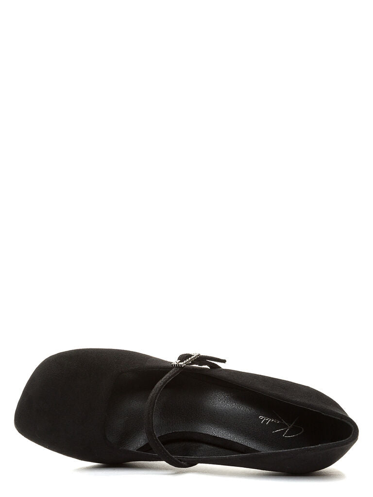Black Suede Mary Jane Heels with Rhinestone Buckle