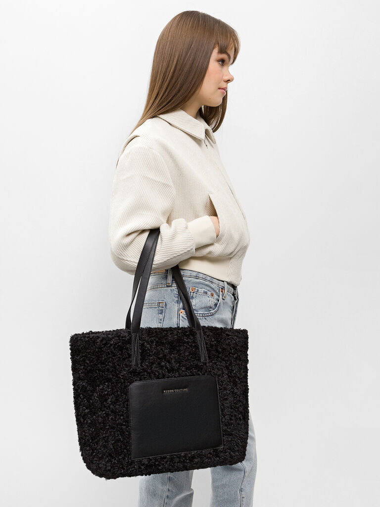 Black Textured Tote Bag with Leather Pocket