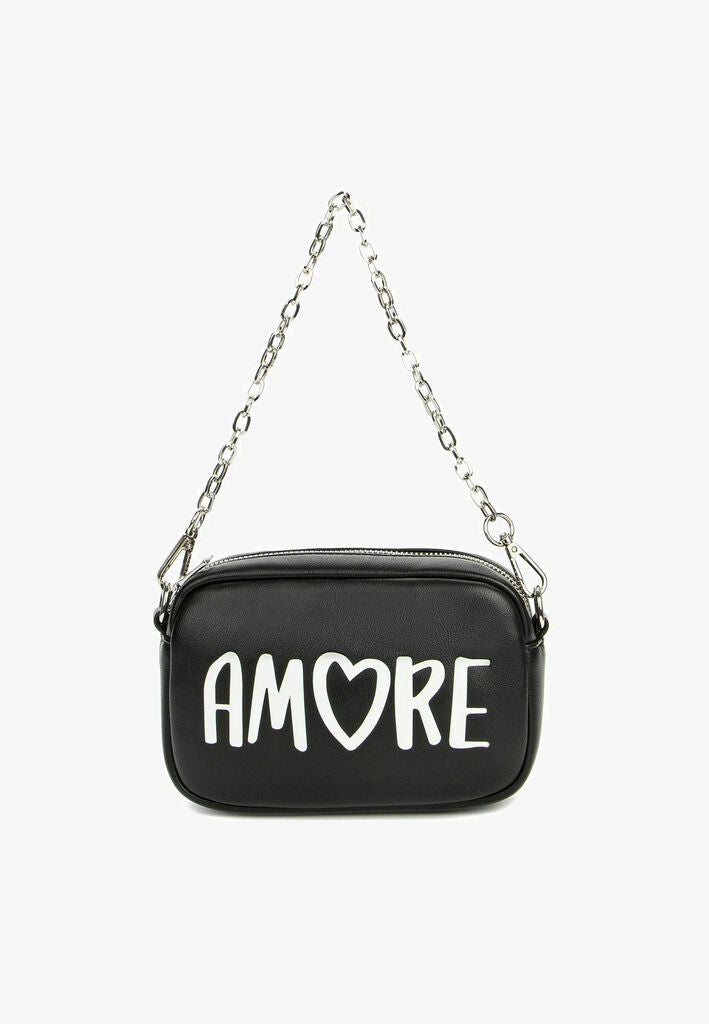 Black Faux Leather Chain Bag with 'Amore' Print