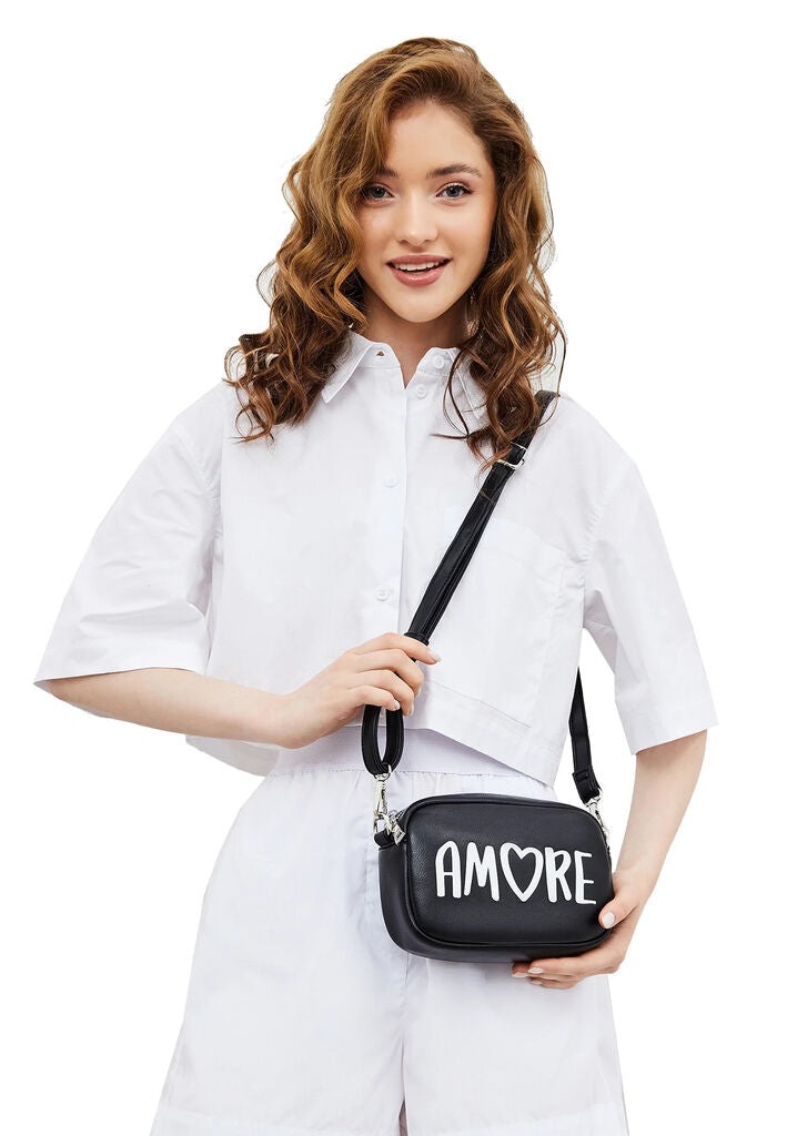 Black Faux Leather Chain Bag with 'Amore' Print