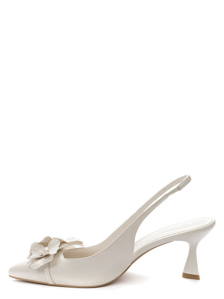 White Satin Slingback Heels with Floral Accent