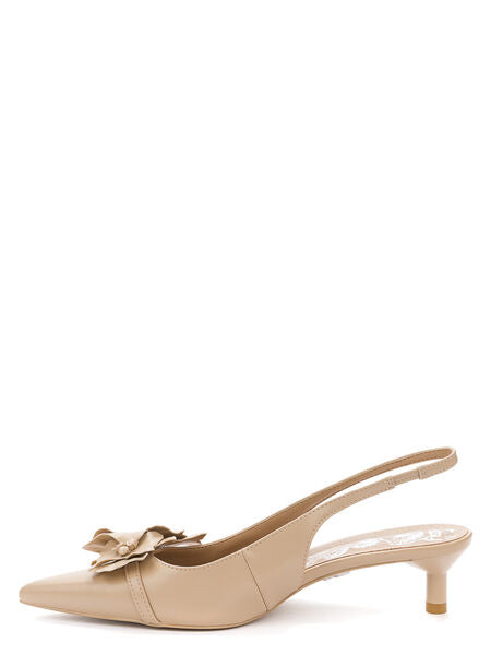 Beige Floral Embellished Slingback Kitten Heel
