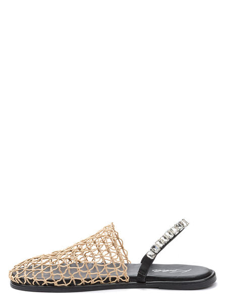 Beige Woven Slingback Sandals with Embellished Heel