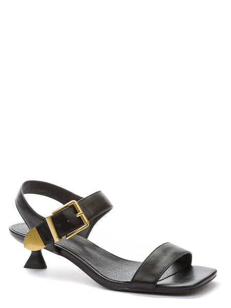 Black Leather Sandal with Gold Buckle and Artistic Heel