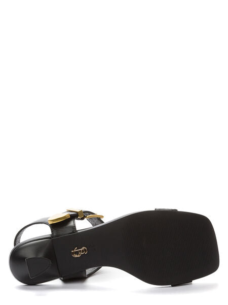 Black Leather Sandal with Gold Buckle and Artistic Heel