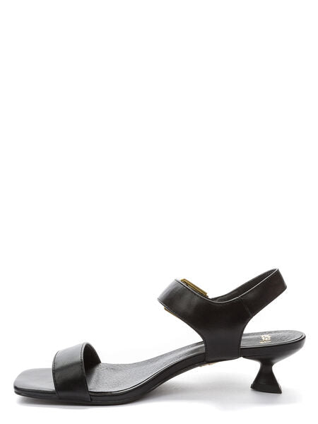 Black Leather Sandal with Gold Buckle and Artistic Heel