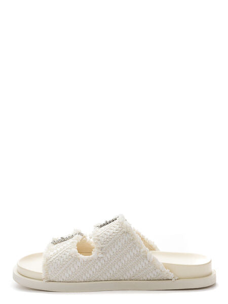 Cream Woven Slide Sandals with Embellished Buckles