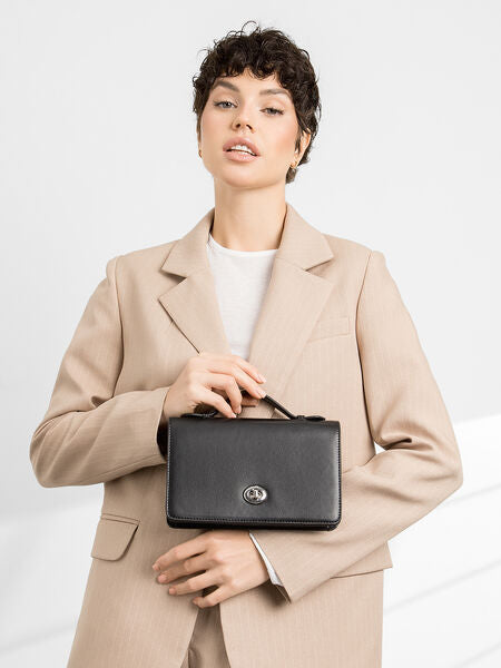 Black Leather Clutch Bag with Turn Lock Closure