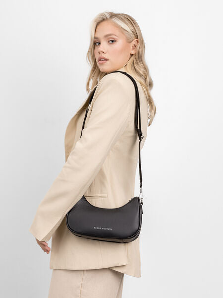 Black Leather Shoulder Bag with Zipper Closure