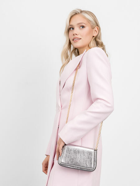 Silver Textured Crossbody Bag with Flap Closure
