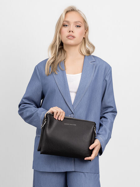 Black Textured Crossbody Bag with Silver Accents