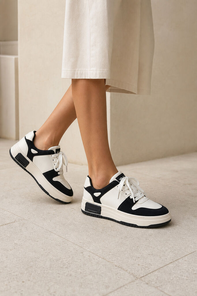 Black and White Colorblock Sneakers with Platform Sole