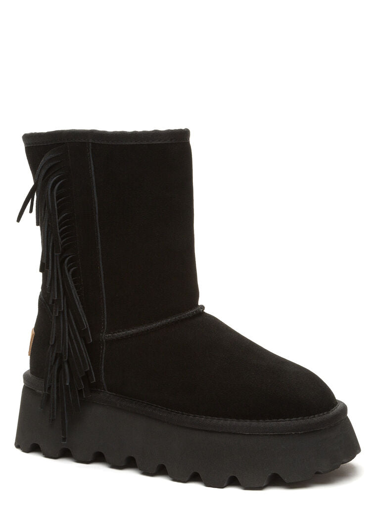 Black Fringe Platform Boot with Treaded Sole