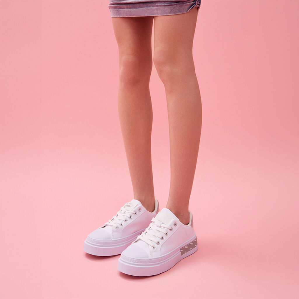 White Canvas Platform Sneakers with Metallic Detail