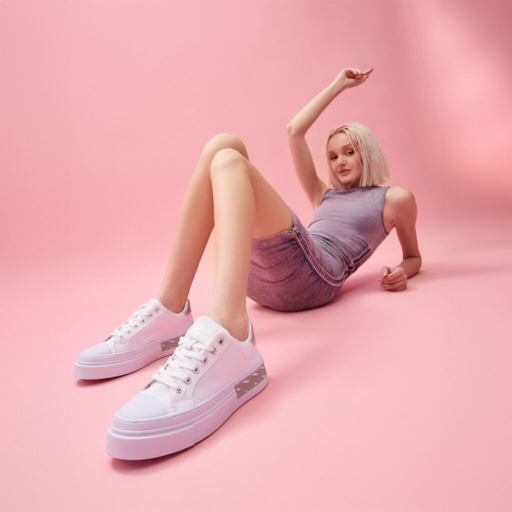 White Canvas Platform Sneakers with Metallic Detail