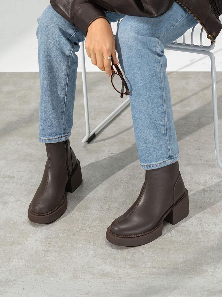 Chocolate Block Heel Ankle Boots with Zipper