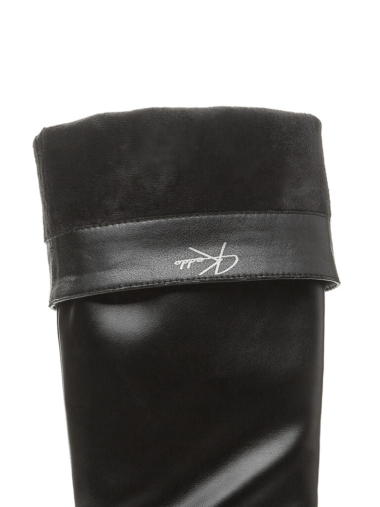Black Leather High Knee Boots with Stiletto Heel